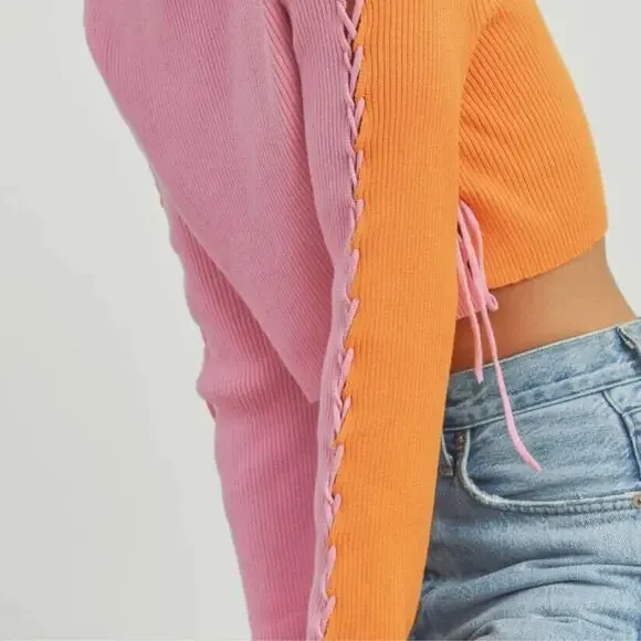 ButterMelon Pink and Orange Lace Up Sweater Size Small Ribbed Crop Top Fashion - Picture 4 of 12